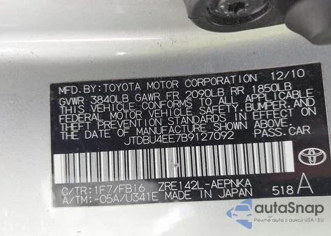 2011 Toyota Corolla Le z USA, uszkodzony, nr VIN JTDBU4EE7B9127092